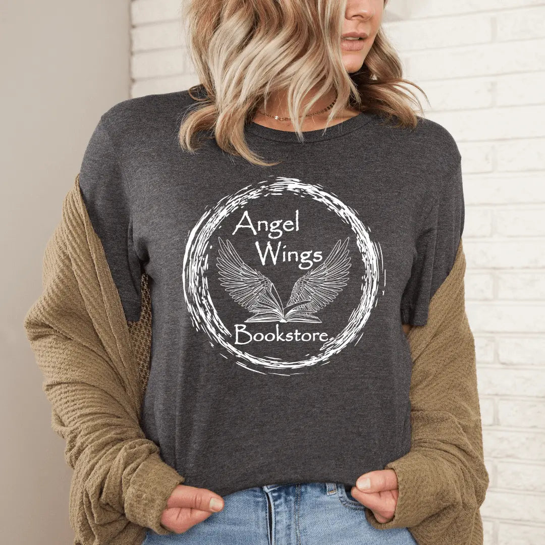 Gray Winks Design Studio angel wings bookstore short sleeve T-shirt with a circular design, casual fit for everyday wear.