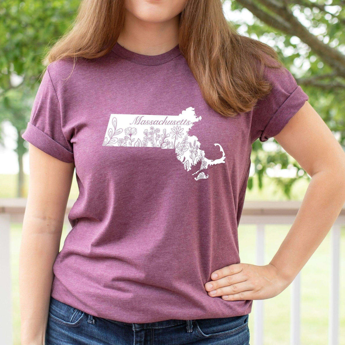 Gray Custom Flower State T-shirt by Winks Design Studio featuring a small USA state map with floral accents.