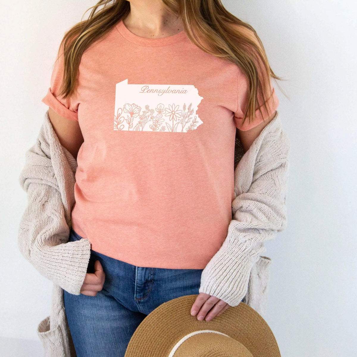 Gray Custom Flower State T-shirt by Winks Design Studio featuring a USA state outline decorated with colorful flowers.
