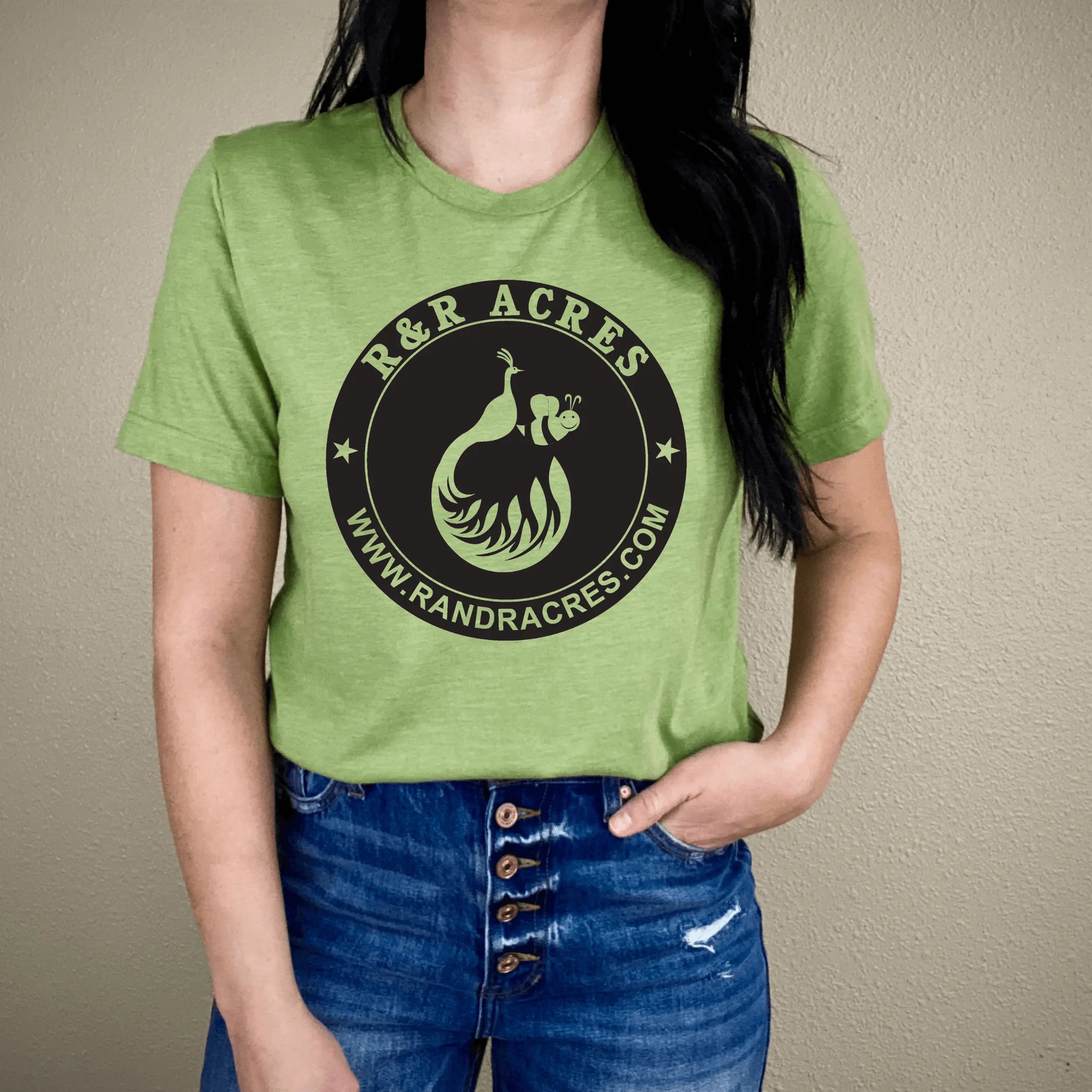 Green R &amp; R short sleeve T-shirt by Winks Design Studio with a chest center design.