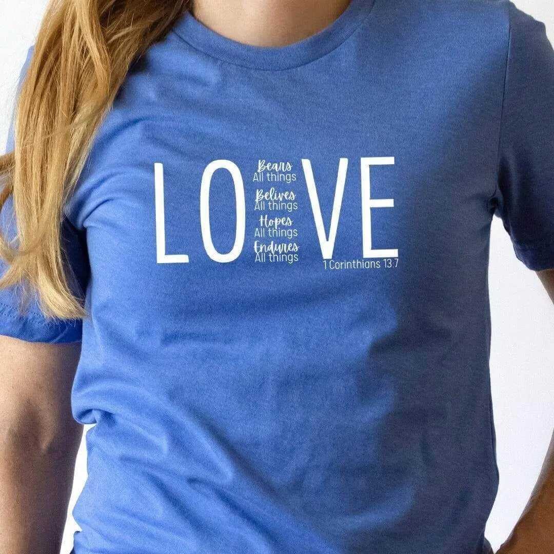 Maroon Love 1 Corinthians 13:7 Bible verse T-shirt by Winks Design Studio, LLC, featuring inspirational Christian message.