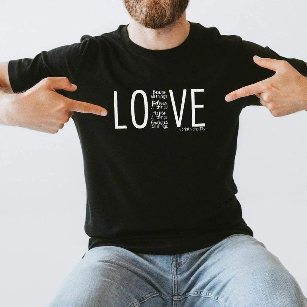 Maroon Love 1 Corinthians 13:7 Bible verse T-shirt by Winks Design Studio, LLC, featuring a small, stylish religious graphic.