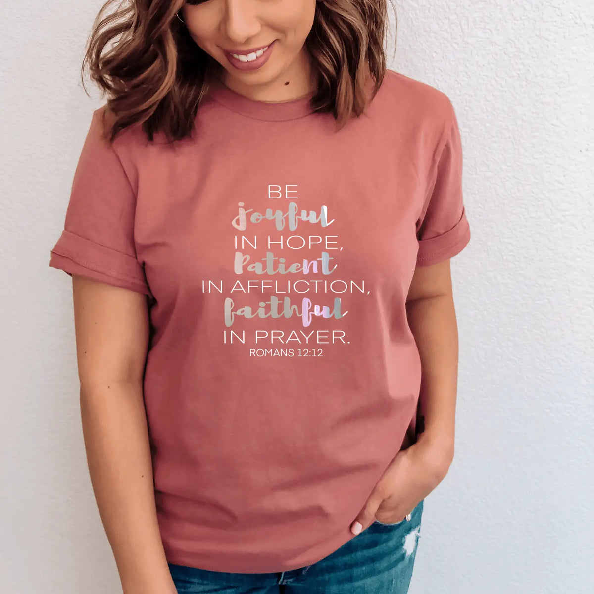 Mauve T-shirt by Winks Design Studio LLC featuring the phrase "Be Joyful in Hope" from Romans 12:12, casual and comfortable fit.