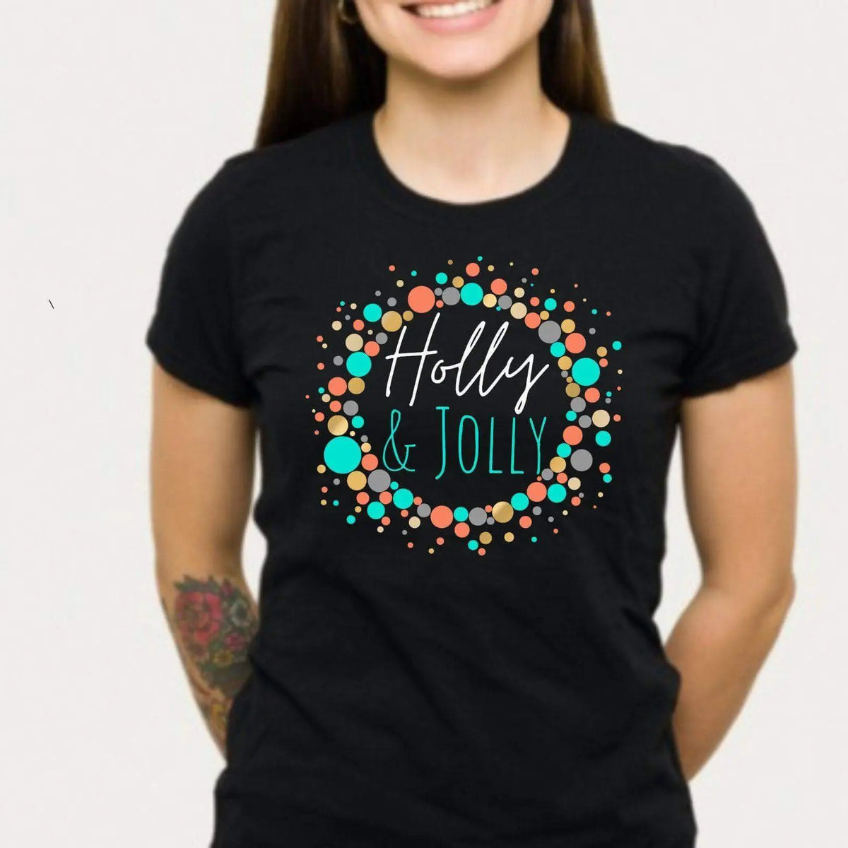 Military green Holly Jolly Christmas T-shirt by Winks Design Studio, LLC featuring festive holiday design on front.