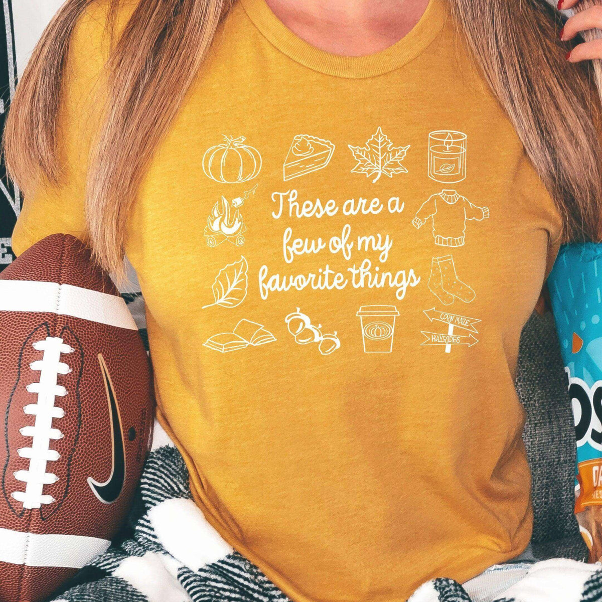 Mustard yellow Fall Favorite Things T-shirt by Winks Design Studio, LLC featuring seasonal design and comfortable fit.