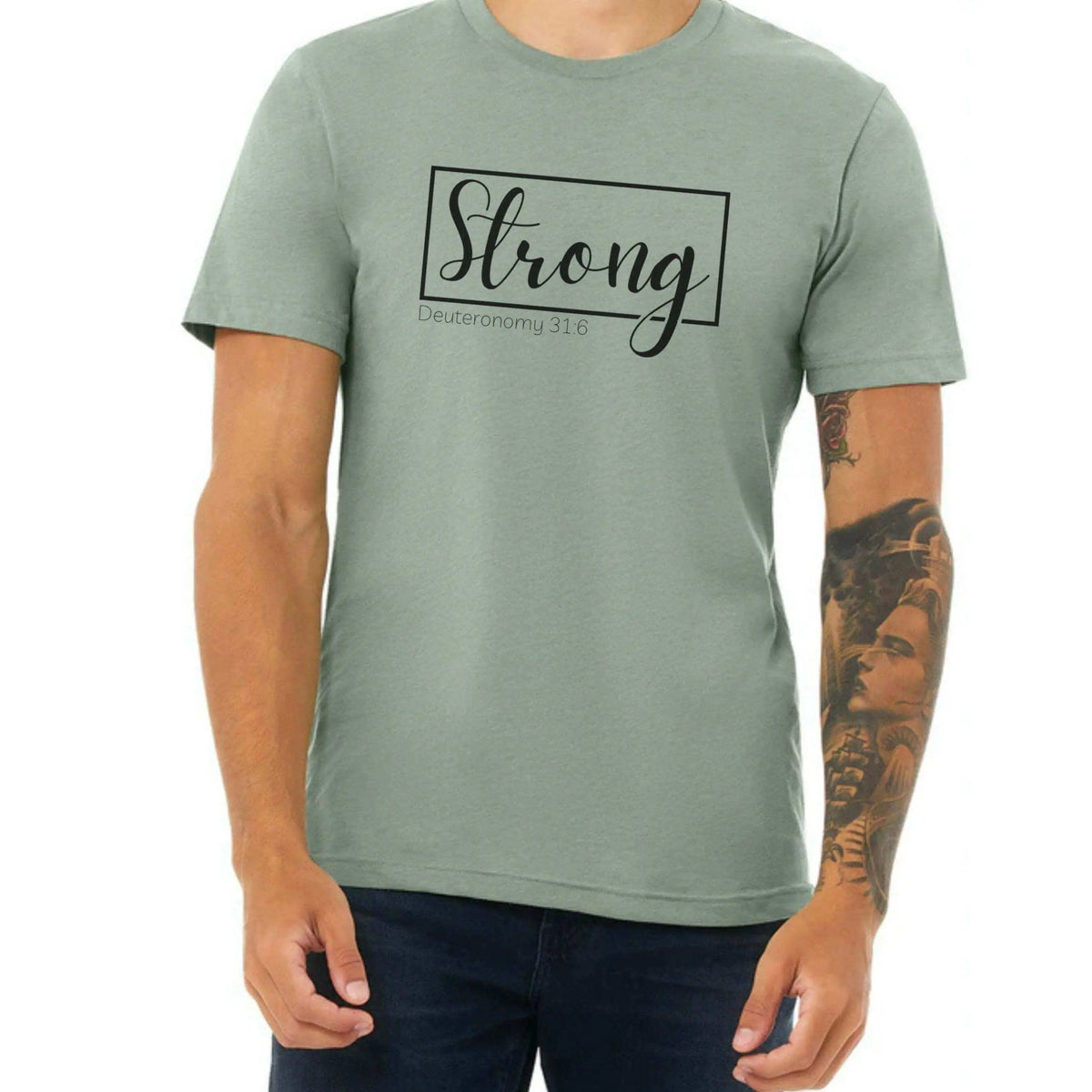 Peach Deuteronomy 31:6 T-shirt by Winks Design Studio featuring a Bible verse and simple design on a small-sized tee.