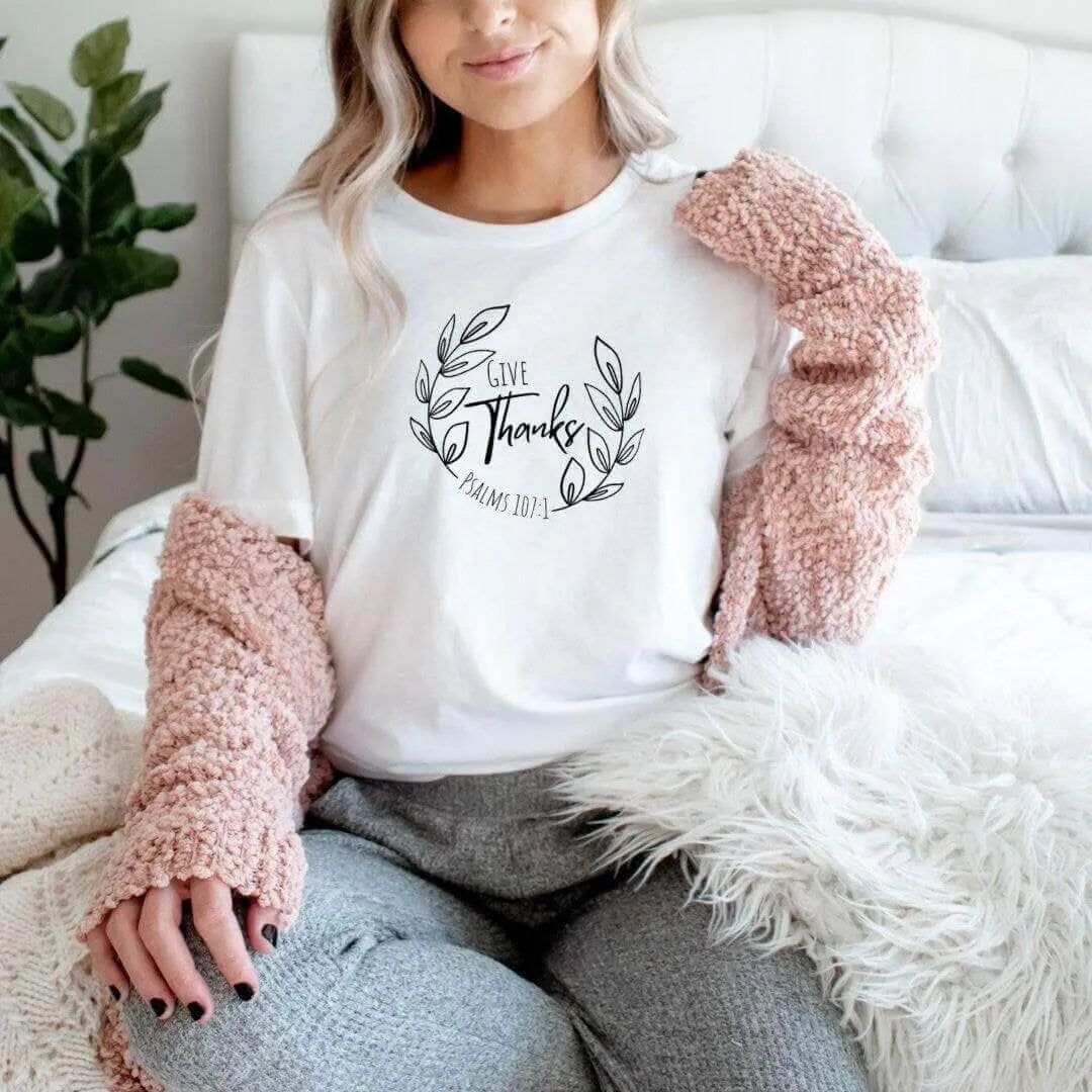 Peach Give Thanks Psalm 107:1 T-shirt by Winks Design Studio, LLC featuring a cute Christian design and small fit.