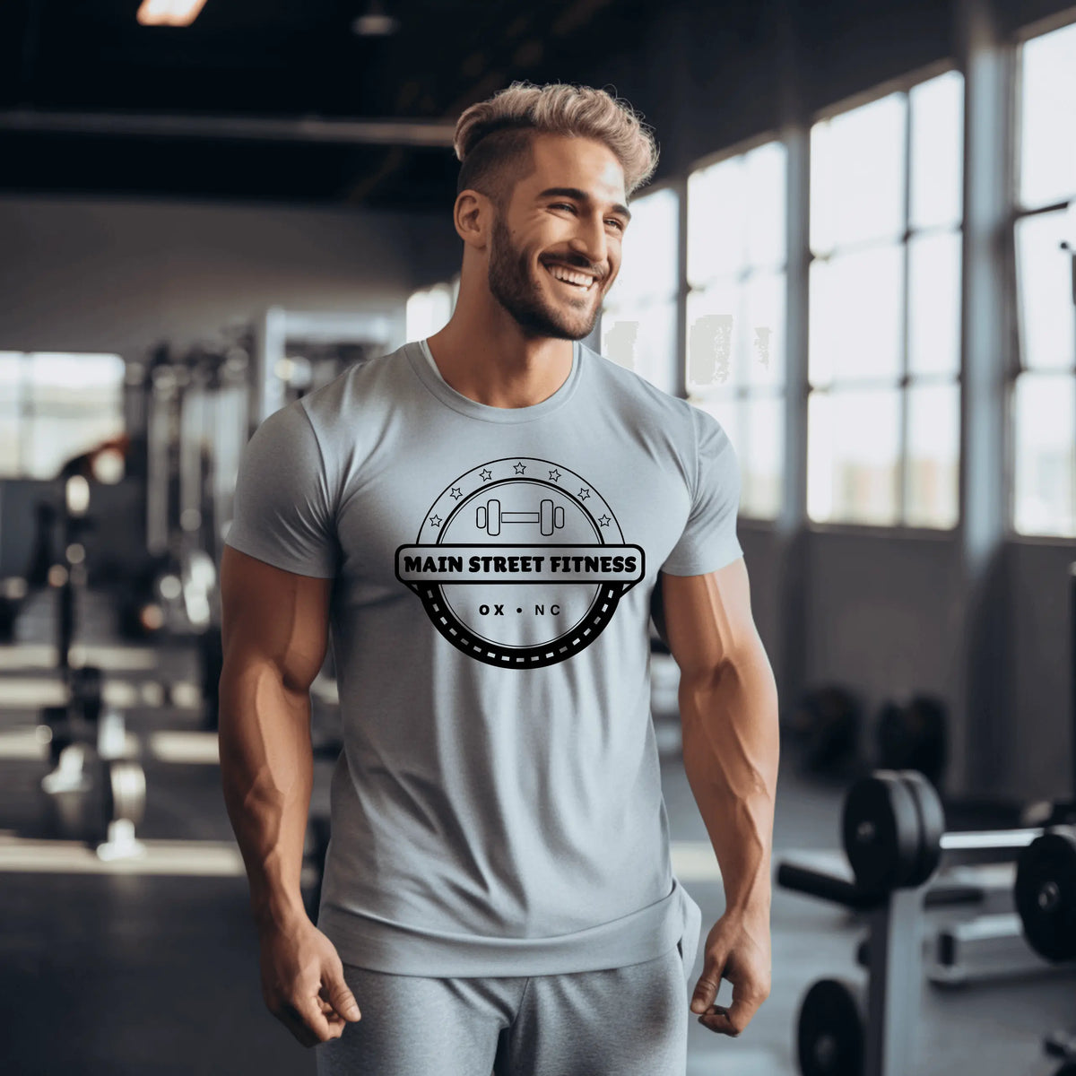 Red Main Street Fitness Dri-Fit T-shirt by Winks Design Studio, LLC, shown in a small size with breathable athletic fabric.