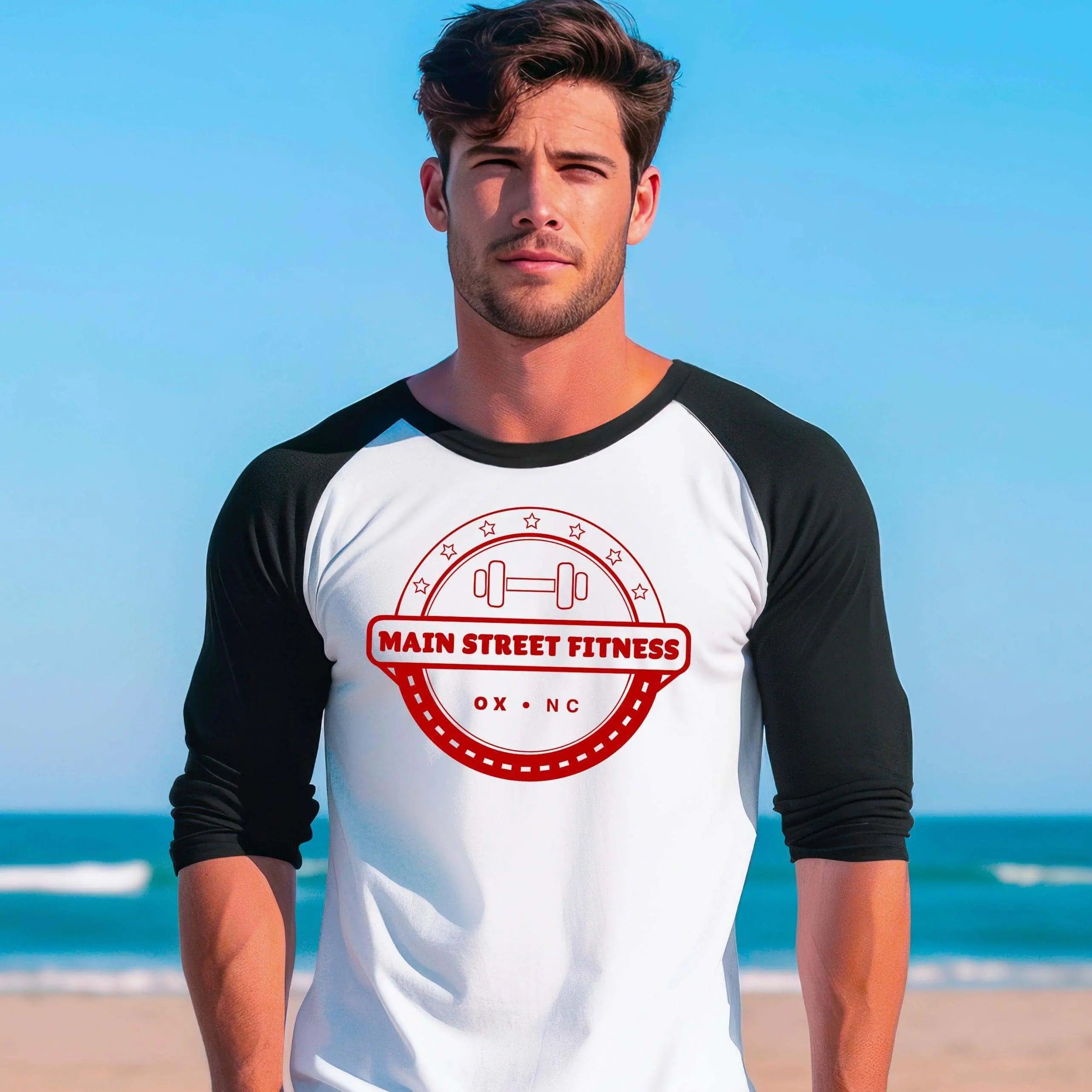 Red and white raglan baseball T-shirt by Winks Design Studio, LLC, featuring a classic athletic style and Main Street Fitness branding.