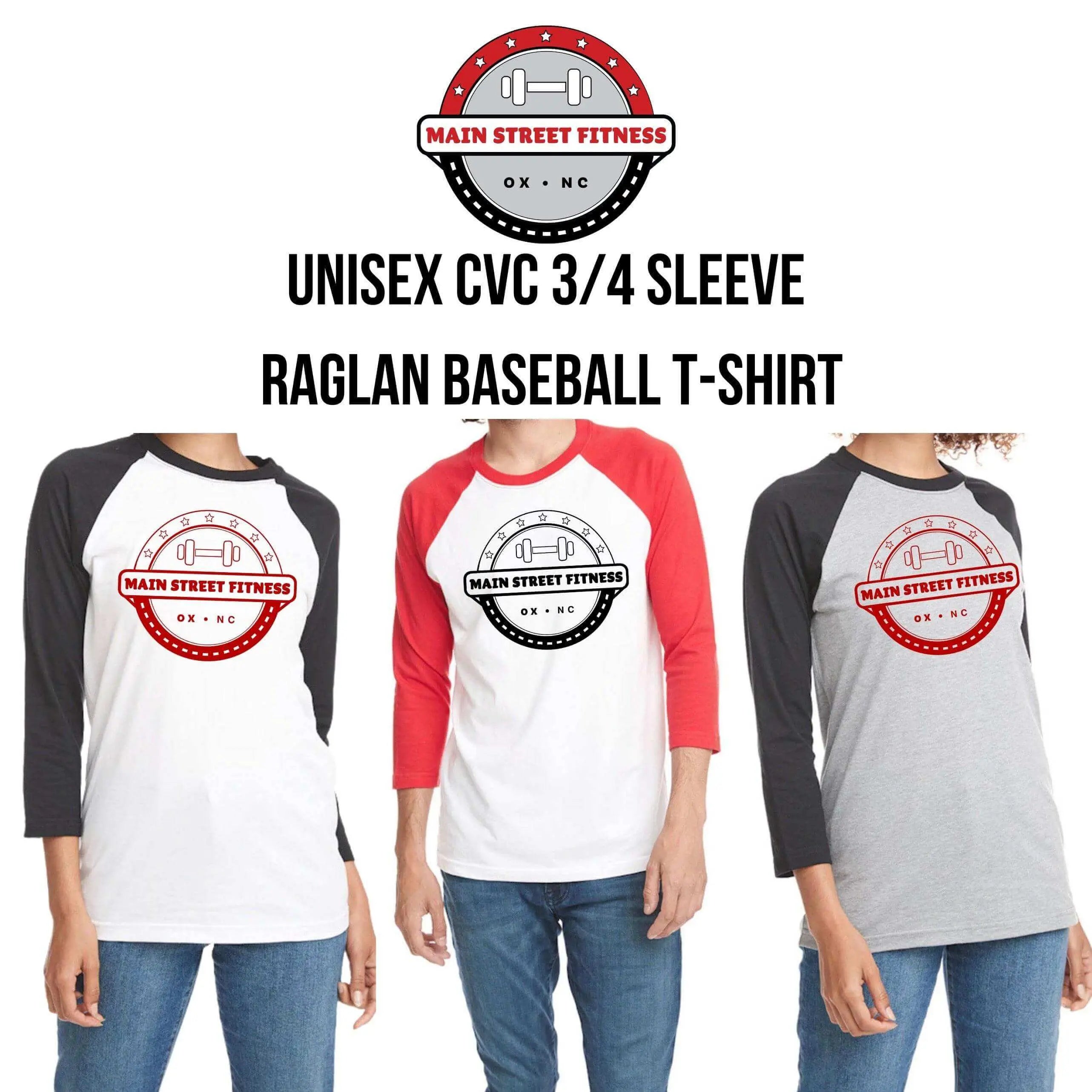 Red and white raglan baseball T-shirt by Winks Design Studio, LLC featuring Main Street Fitness branding and casual fit.