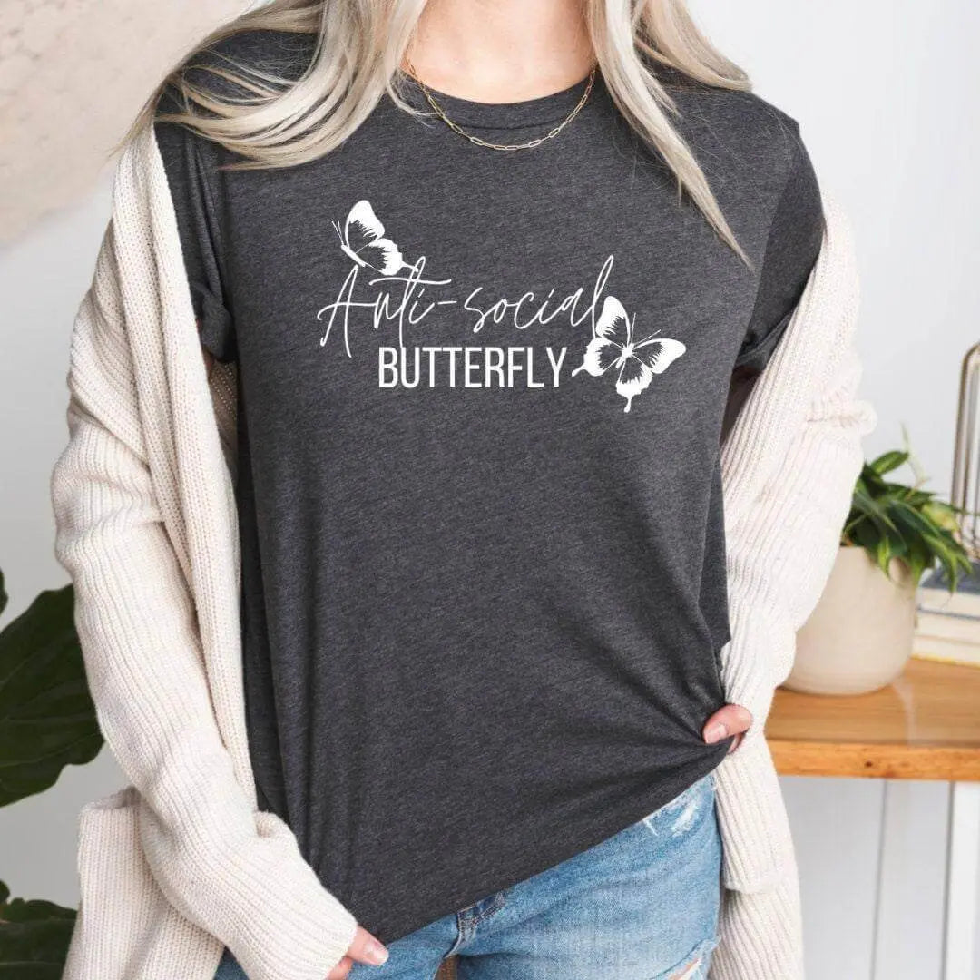 Black Anti-Social Butterfly T-shirt by Winks Design Studio, LLC, featuring a butterfly graphic on the front.