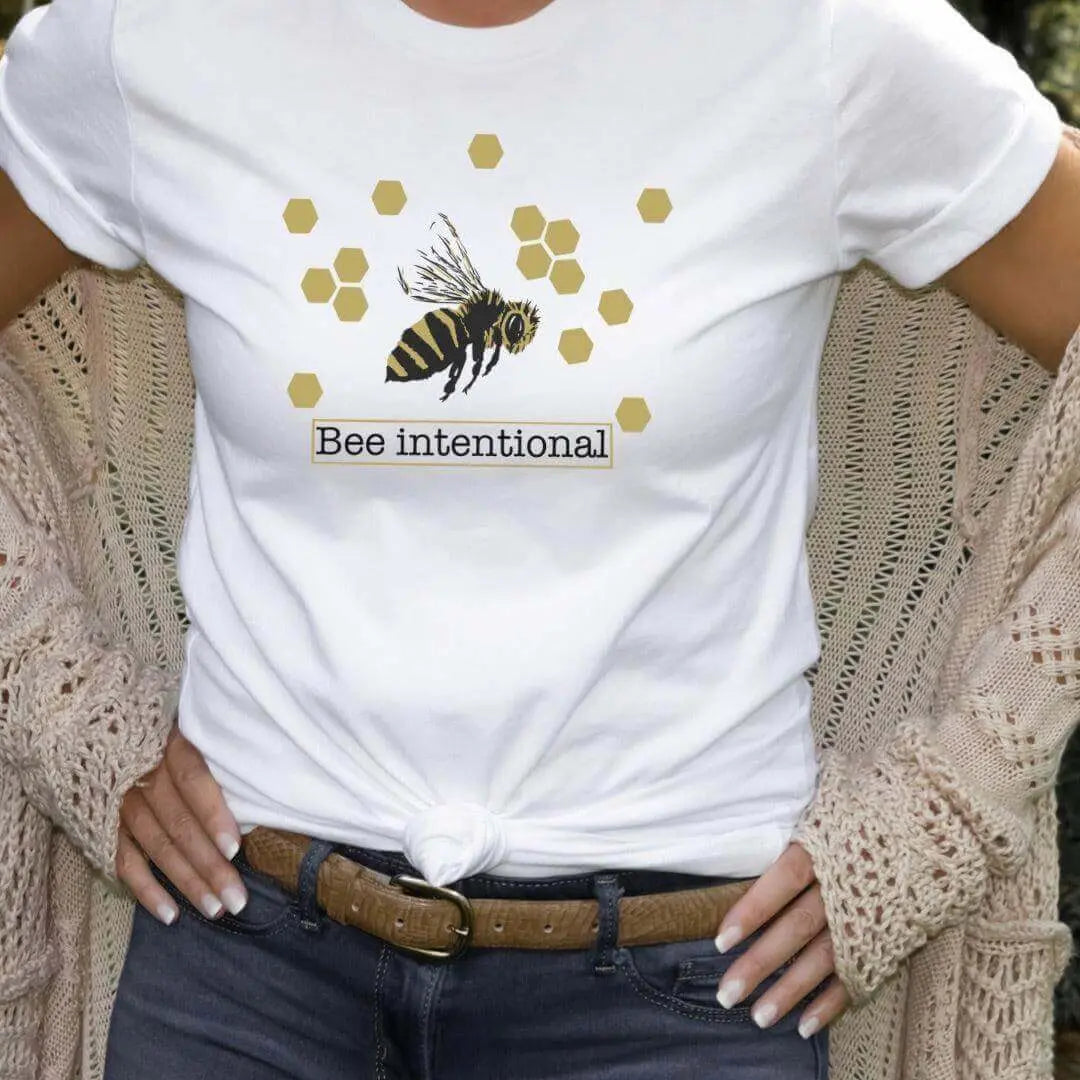 Bee Intentional T-shirt by Winks Design Studio, LLC featuring a casual cotton T-shirt with bee-themed print and comfortable fit.