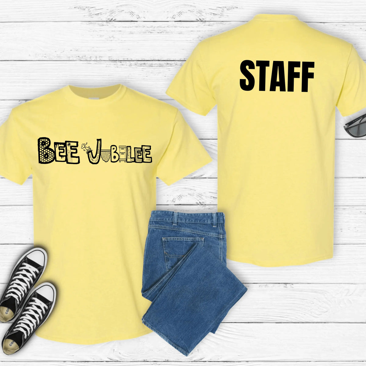 Winks Design Studio Bee Jubilee STAFF short sleeve T-shirt with colorful bee and floral print on white fabric.
