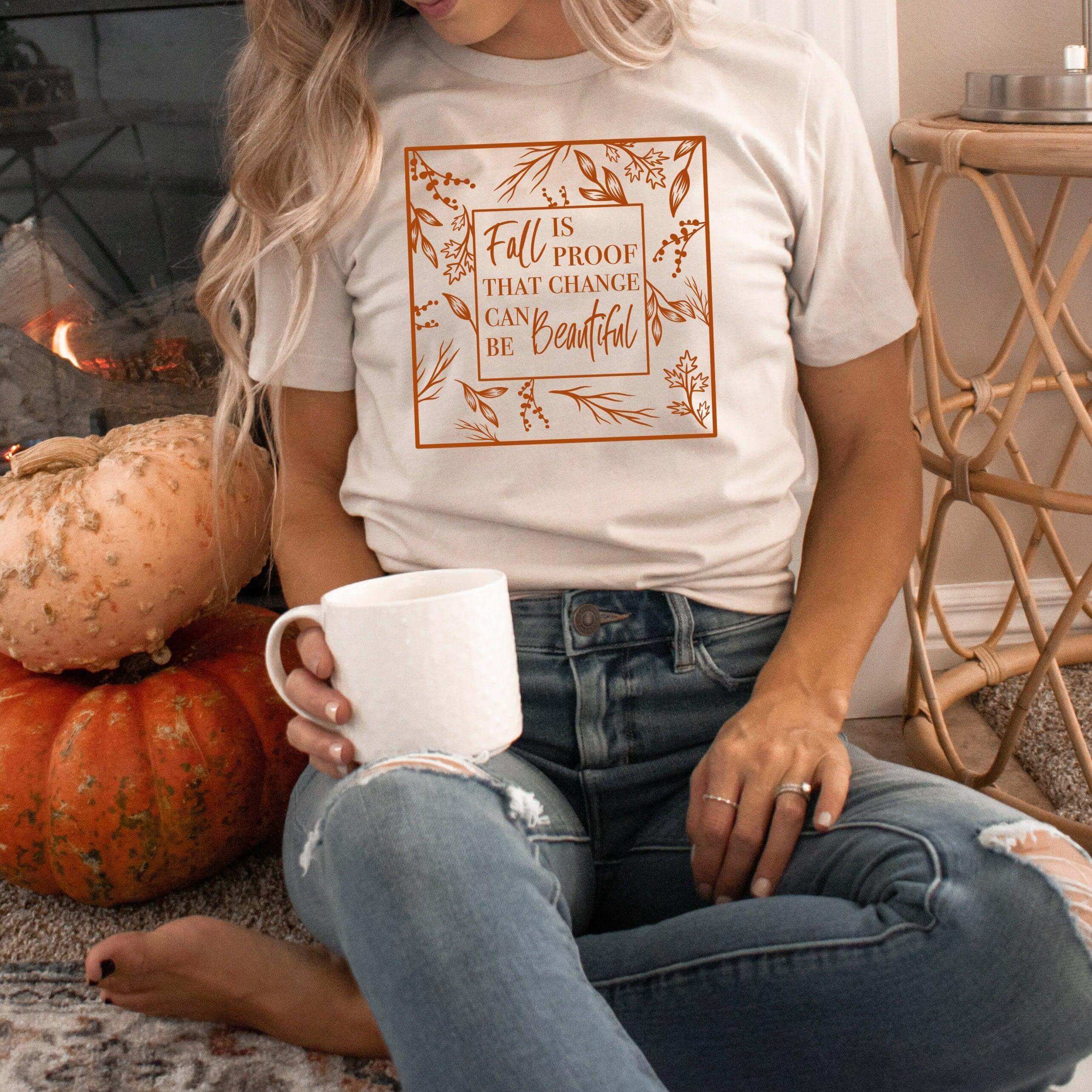 Cute fall T-shirt from Winks Design Studio featuring the "Change Is Beautiful" design in a small size, perfect for casual wear.
