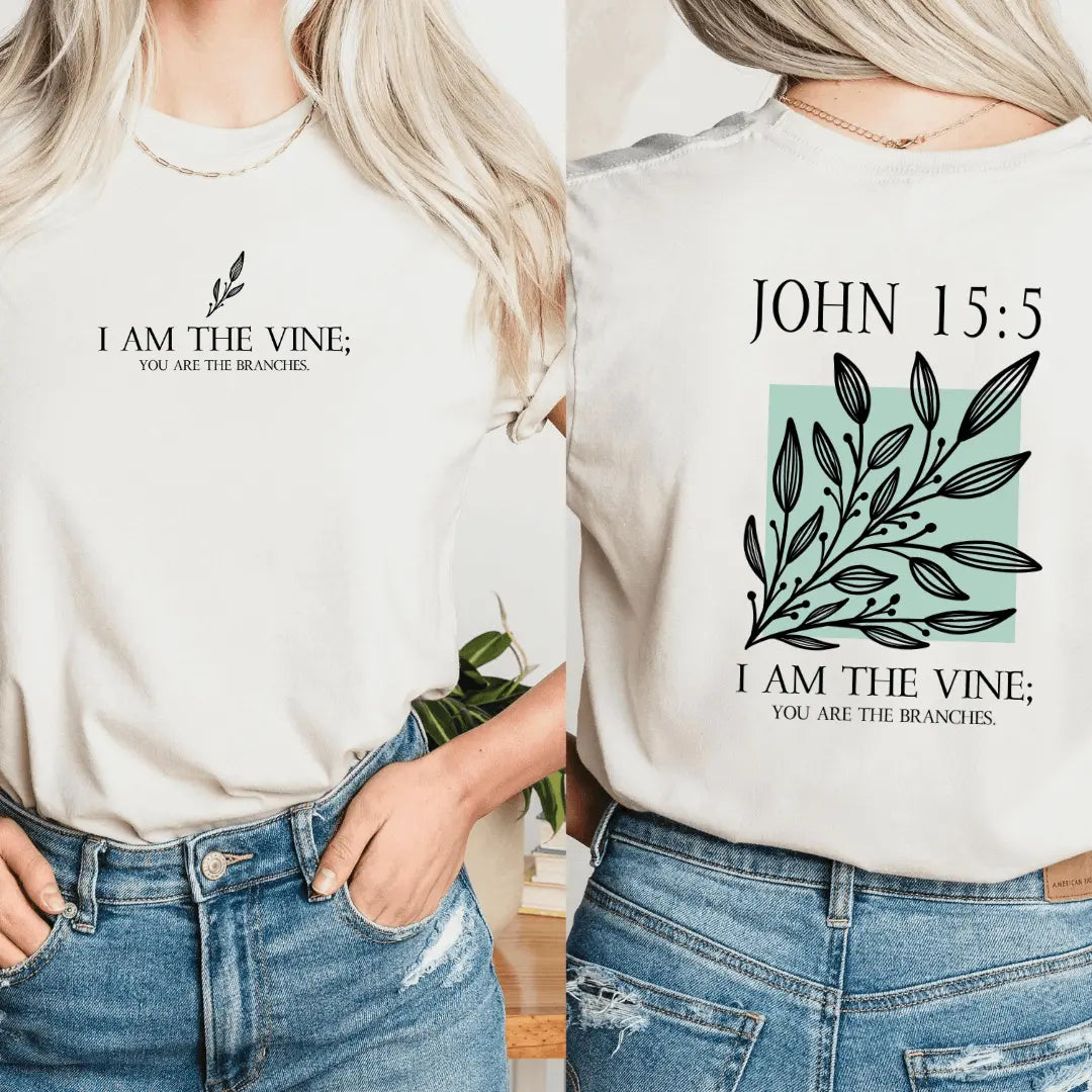 John 15:5 I Am the Vine T-shirt by Winks Design Studio, LLC, featuring a small chest print of the biblical verse on a casual T-shirt.