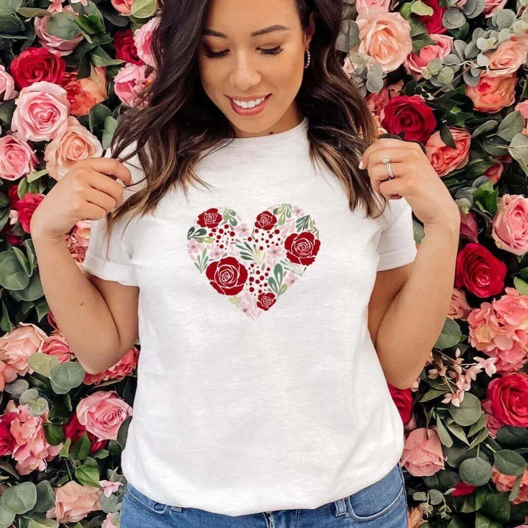 Flower Heart T-shirt by Winks Design Studio, LLC featuring a floral heart design on a casual T-shirt.