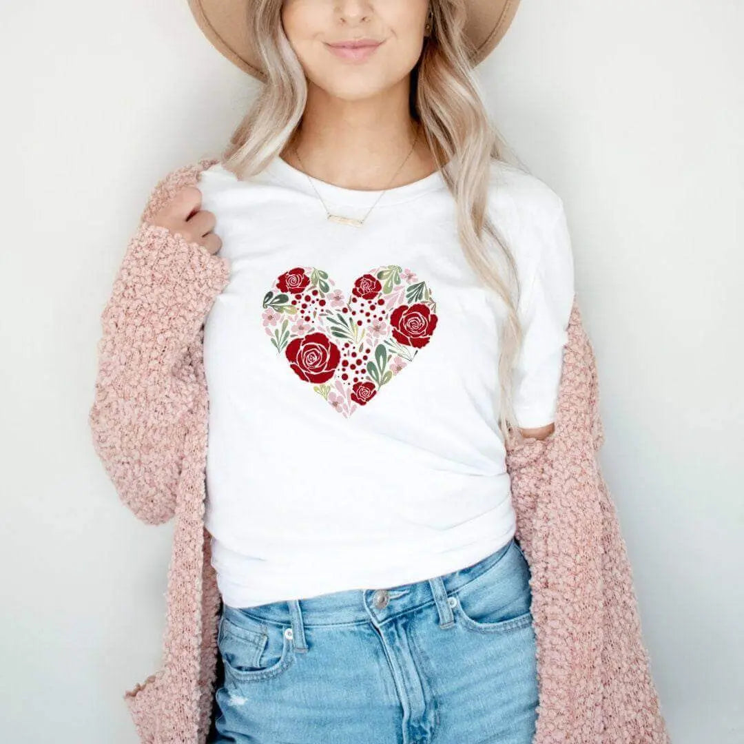 Winks Design Studio Flower Heart T-shirt featuring a colorful floral heart graphic on a casual cotton T-shirt.