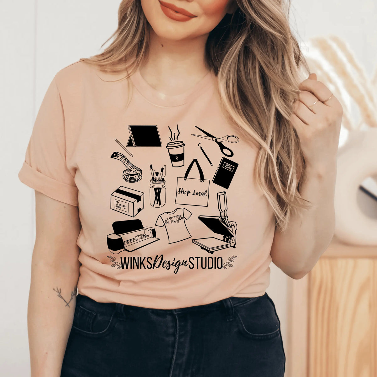 Winks Design Studio LLC short sleeve T-shirt with forest pattern and WDS design, casual style, displayed flat on a white background.