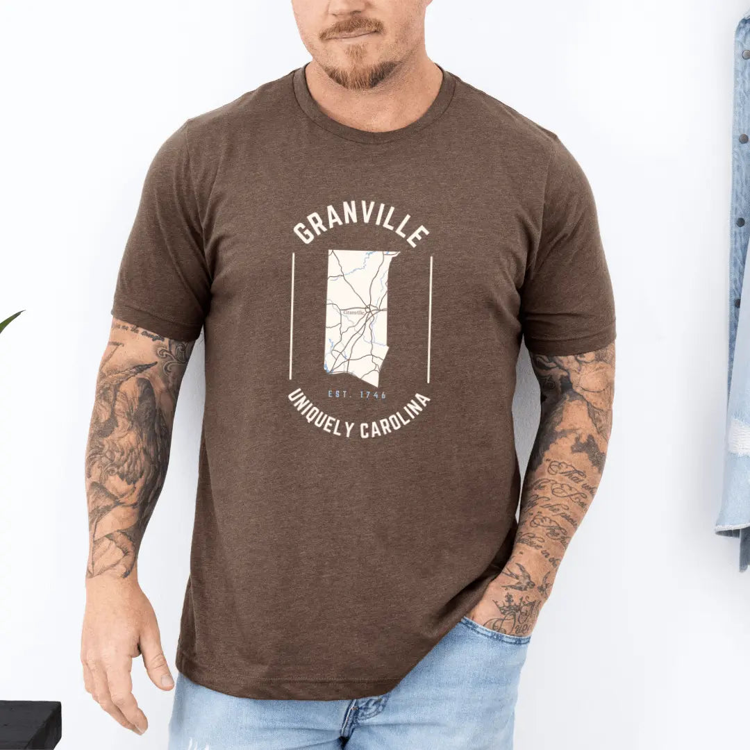 Winks Design Studio LLC Granville NC Map T-Shirt showing a detailed map design on a casual t-shirt.