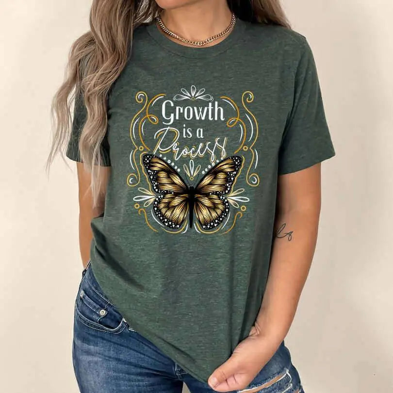 Winks Design Studio LLC Growth is a Process T-shirt, featuring a casual fit with inspirational text on soft fabric.