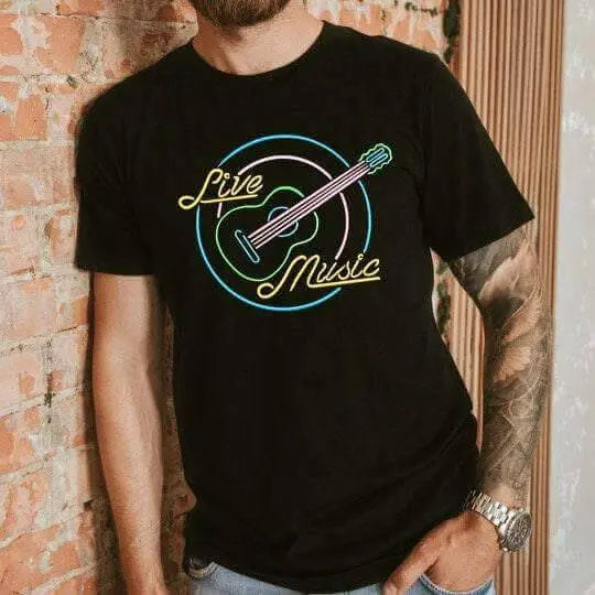 Winks Design Studio LLC Live Music Neon Sign T-shirt featuring vibrant neon music design on a comfortable cotton T-shirt.