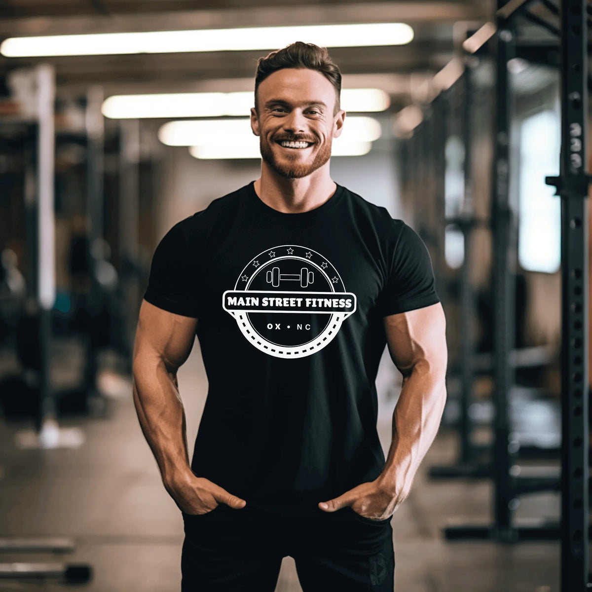 Winks Design Studio LLC Main Street Fitness short sleeve T-shirt in small size, casual cotton T-shirt with fitness graphic.