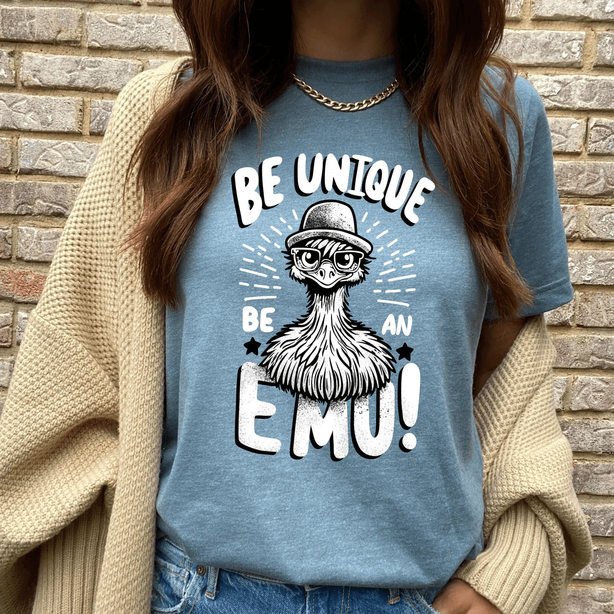 Winks Design Studio LLC R &amp; R Short Sleeve T-shirt featuring a "Be Unique Be An Emu" graphic on a casual black T-shirt.