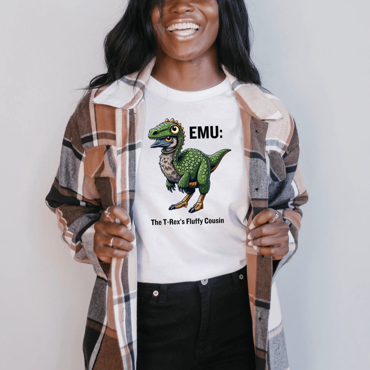 Winks Design Studio LLC R &amp; R short sleeve T-shirt featuring a cute Emu T-Rex Fluffy Cousin design.