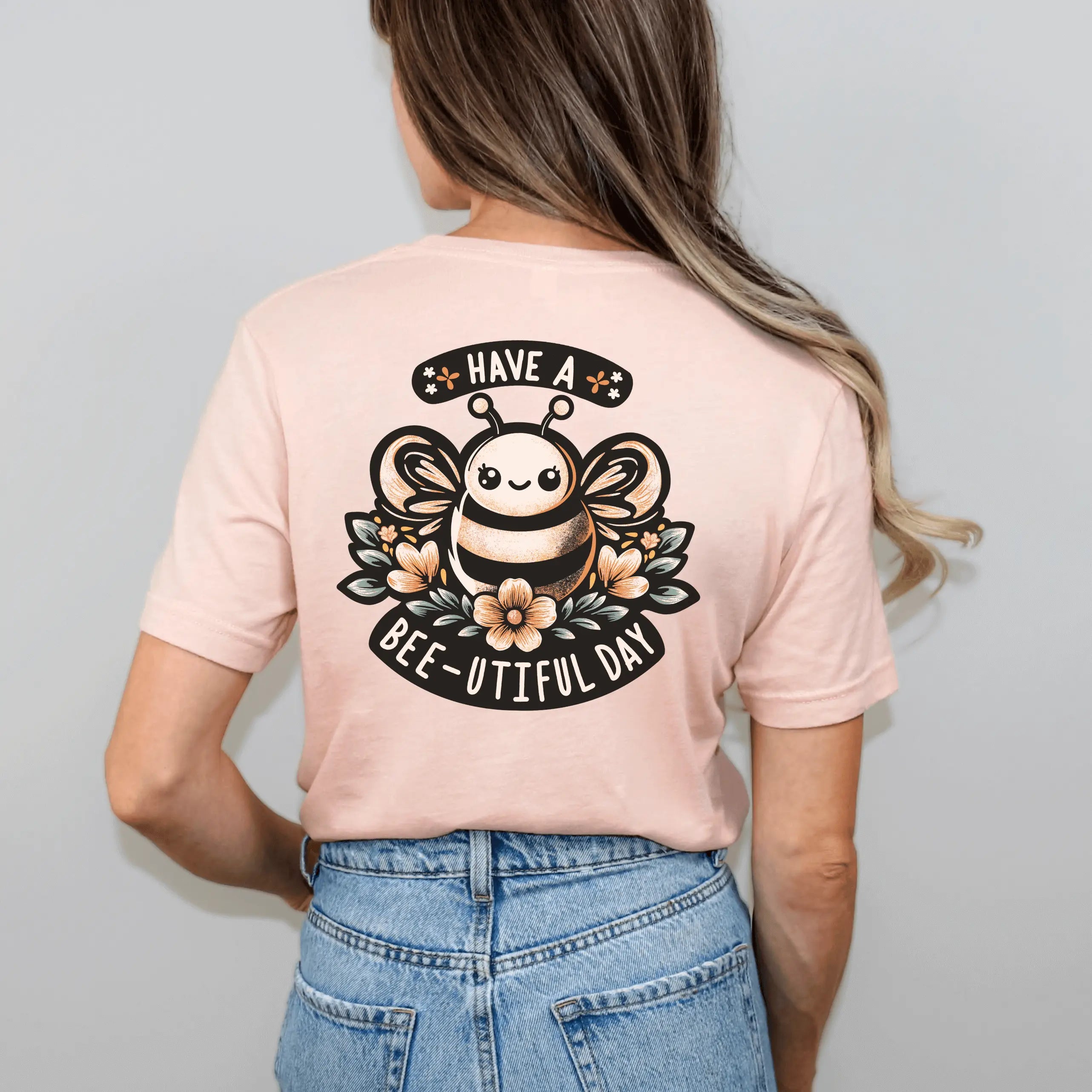 Winks Design Studio LLC R &amp; R short sleeve T-shirt with a bee-themed "Have A Bee-utiful Day" graphic, casual and comfortable.
