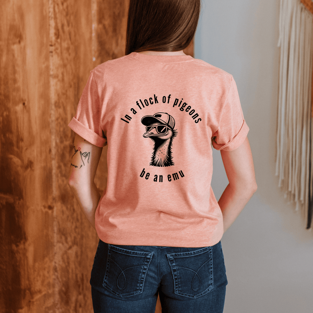 R &amp; R Short Sleeve T-shirt - In A Flock Of Pigeons Be An Emu - Winks Design Studio,LLC