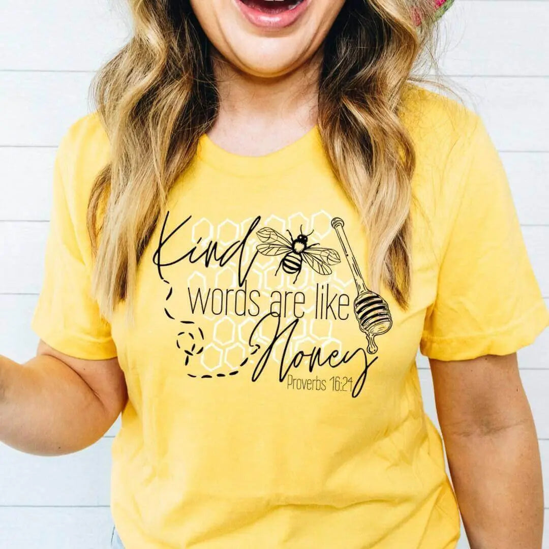 Winks Design Studio LLC T-shirt with Proverbs 16:24 "Kind words are like honey" quote, soft fabric, casual fit, black color.