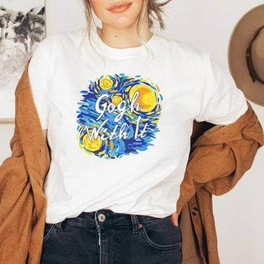 Starry Night Gogh T-shirt by Winks Design Studio, LLC featuring a vibrant print of Vincent van Gogh&