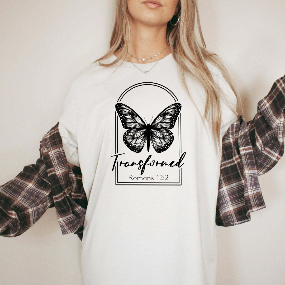 Tan Butterfly T-Shirt by Winks Design Studio featuring Romans 12:2 transformation quote, casual fit and butterfly graphic.
