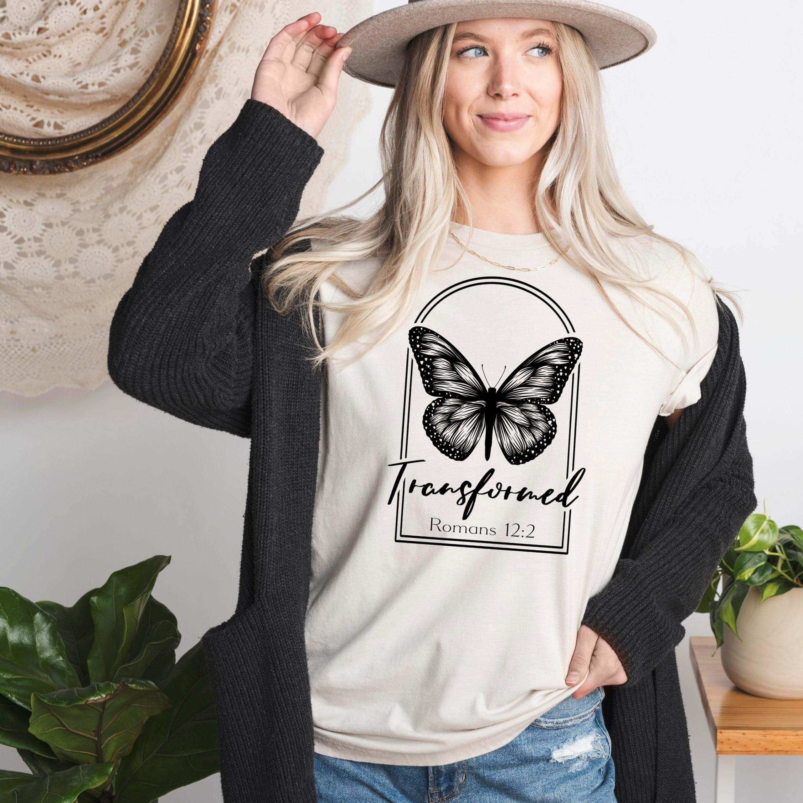 Tan Butterfly T-Shirt from Winks Design Studio LLC featuring Romans 12:2 transformation quote, casual and stylish apparel.