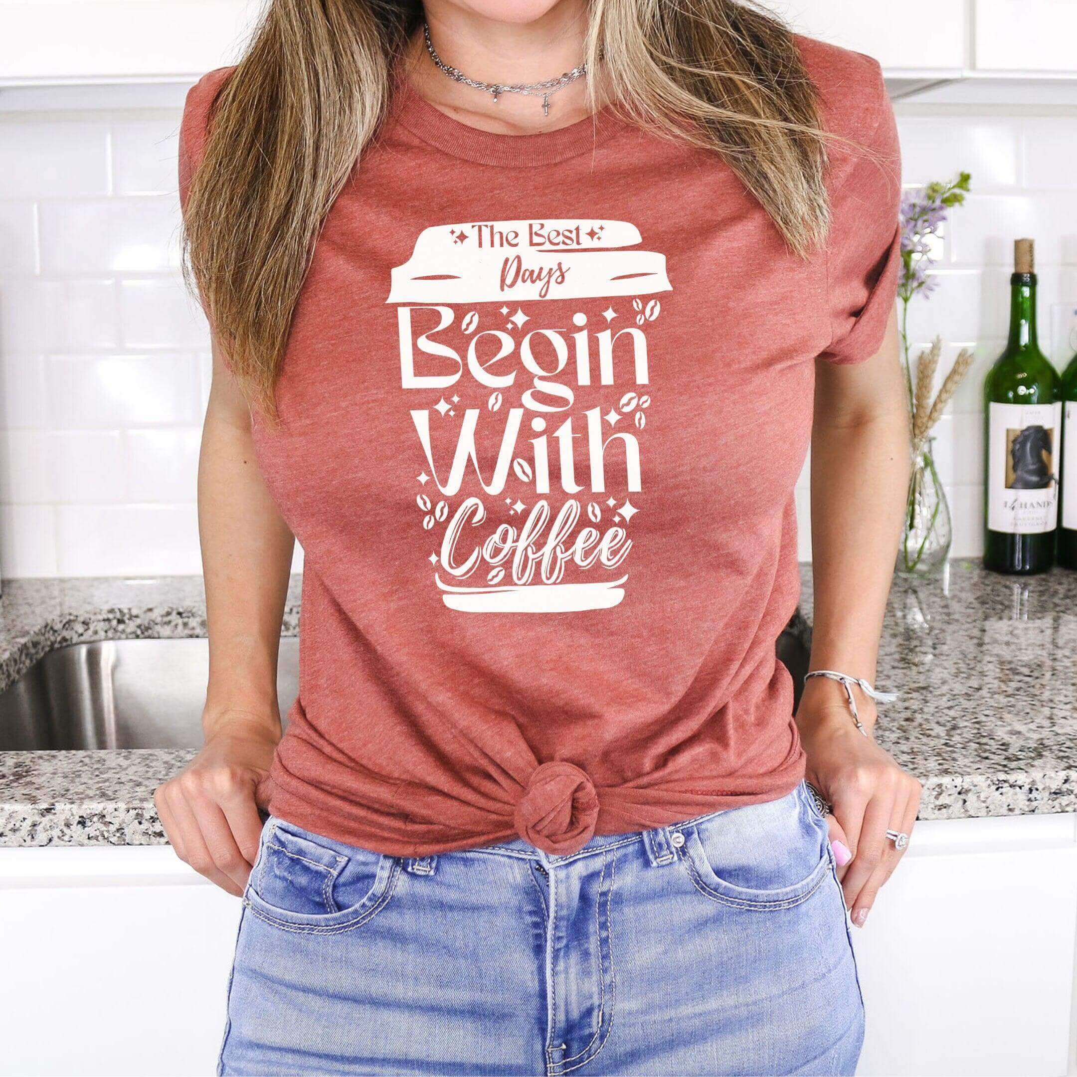 Winks Design Studio LLC graphic T-shirt featuring "The Best Days Begin With Coffee" design, casual cotton tee for coffee lovers.