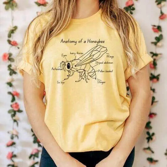 Yellow T-shirt from Winks Design Studio featuring detailed anatomical illustration of a honeybee.