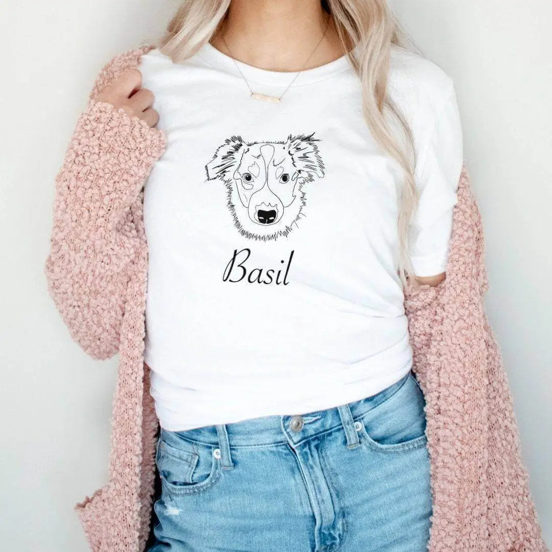 White custom pet portrait T-shirt by Winks Design Studio, LLC featuring a detailed pet illustration on the front.