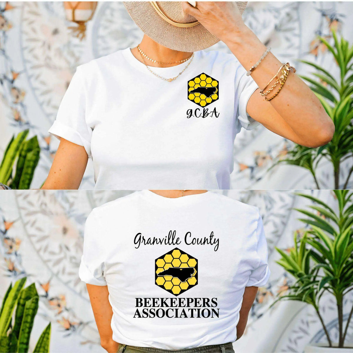 White GCBA Pocket Image and Full Back Logo T-shirt by Winks Design Studio, LLC, featuring a front pocket design and large back logo.
