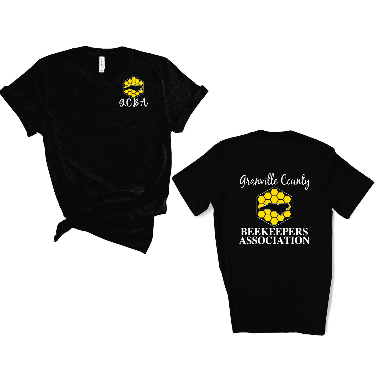 White GCBA Pocket Image and Full Back Logo T-shirt by Winks Design Studio, LLC, showing front pocket detail and back logo design.