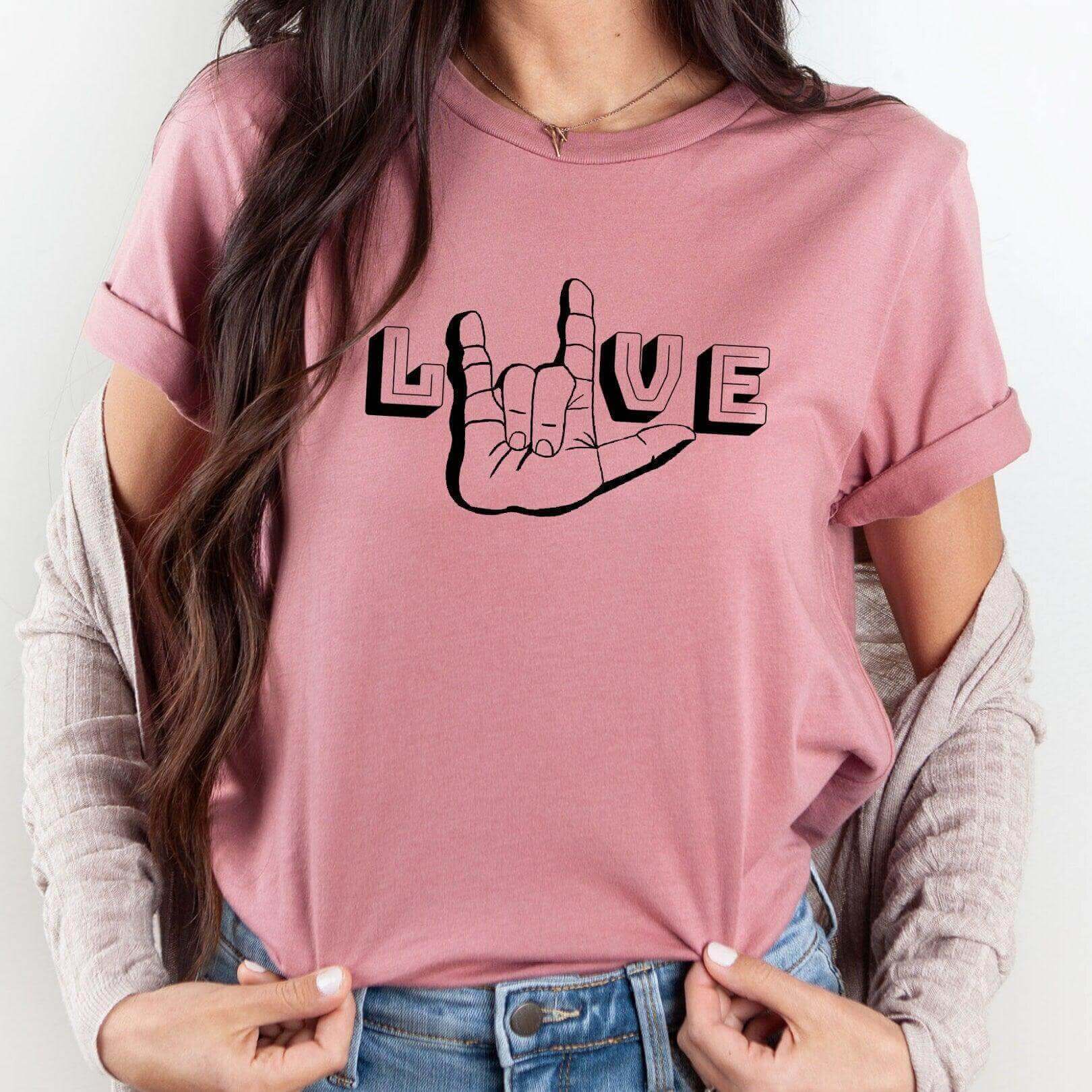 White ASL I Love You T-shirt by Winks Design Studio, LLC featuring the hand sign for love on the front.