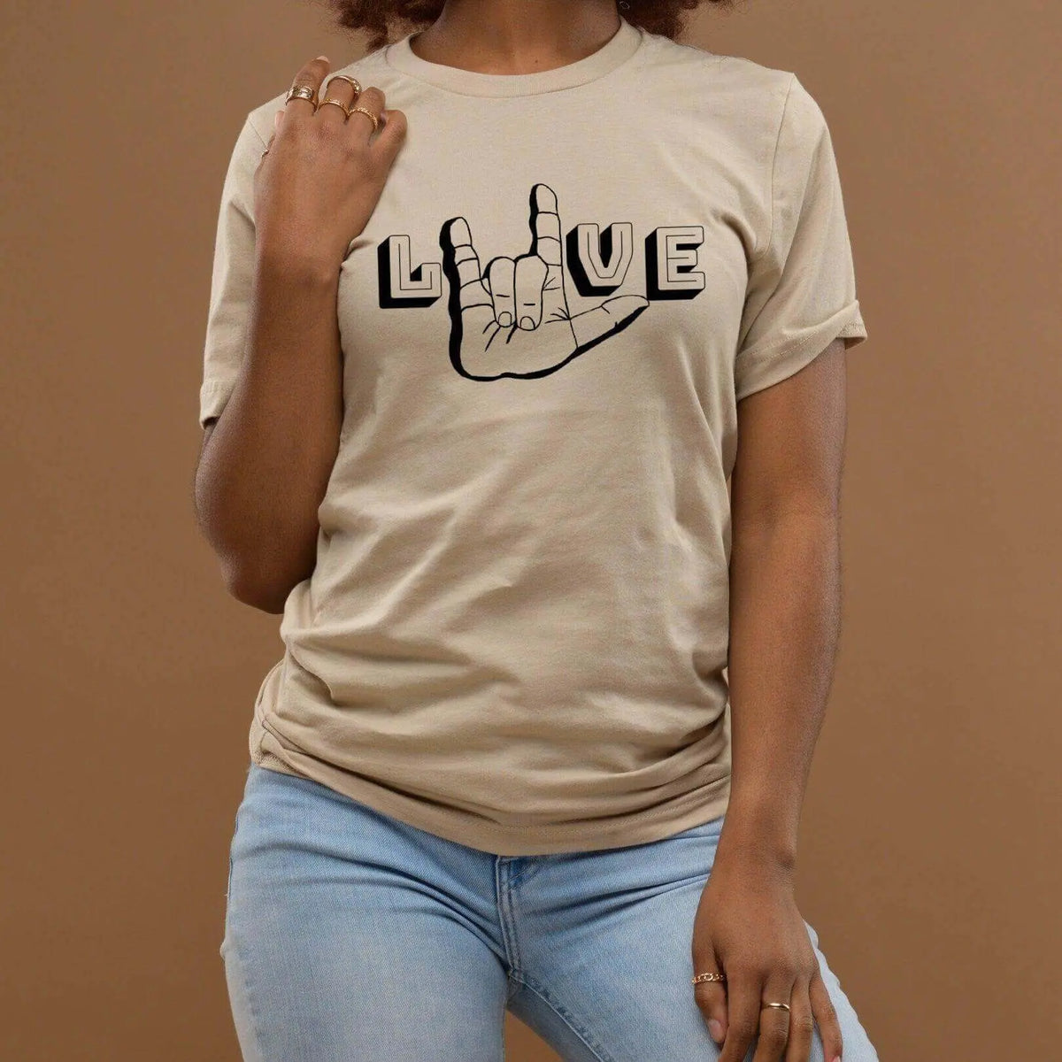 White ASL I Love You T-shirt by Winks Design Studio, LLC, featuring a bold American Sign Language love gesture graphic.