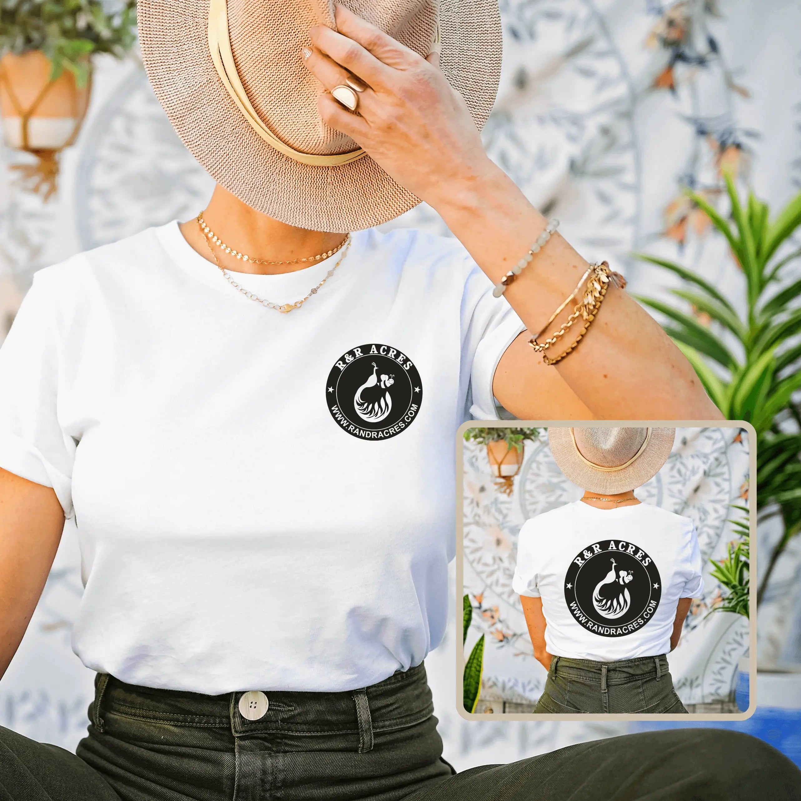 White R &amp; R short sleeve T-shirt by Winks Design Studio with a pocket on the front and a full back graphic design.