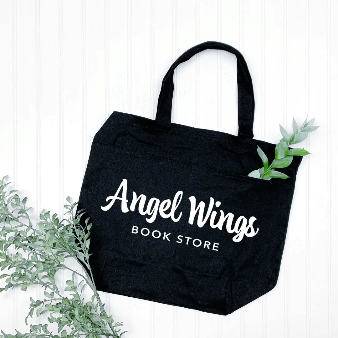Winks Design Studio LLC Angel Wings Bookstore Tote bag with circular natural design and multiple pockets for carrying books and essentials.