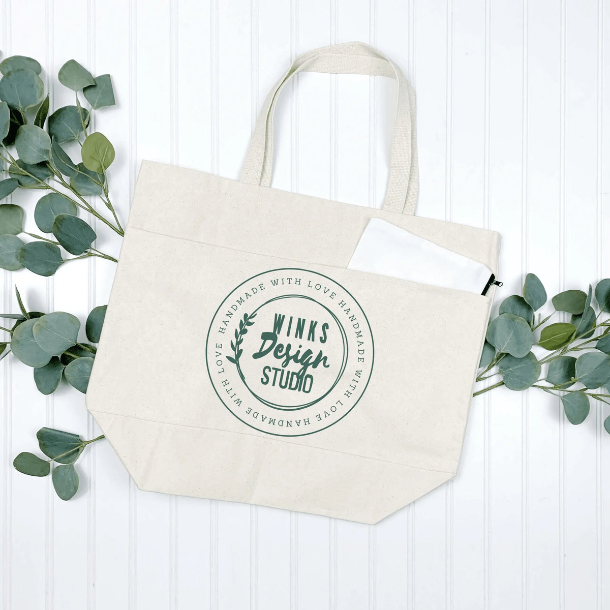 Winks Design Studio LLC WDS tote bag with multiple pockets, natural-colored fabric and sturdy handles for everyday use