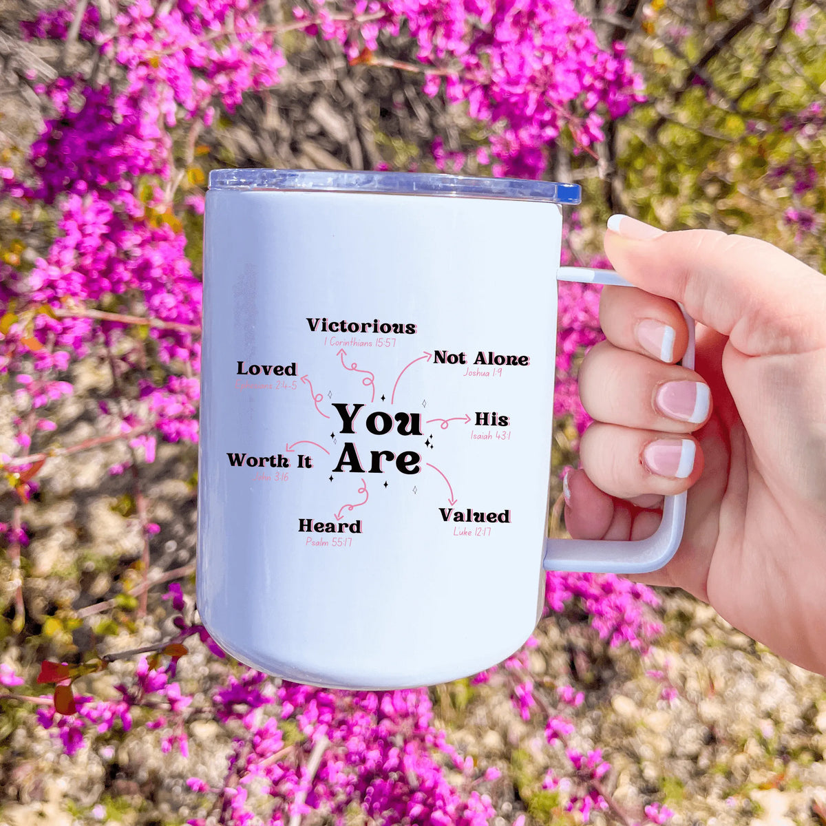 13oz insulated travel mug by Winks Design Studio LLC featuring the message "In Christ You Are" on a durable, leak-proof design.