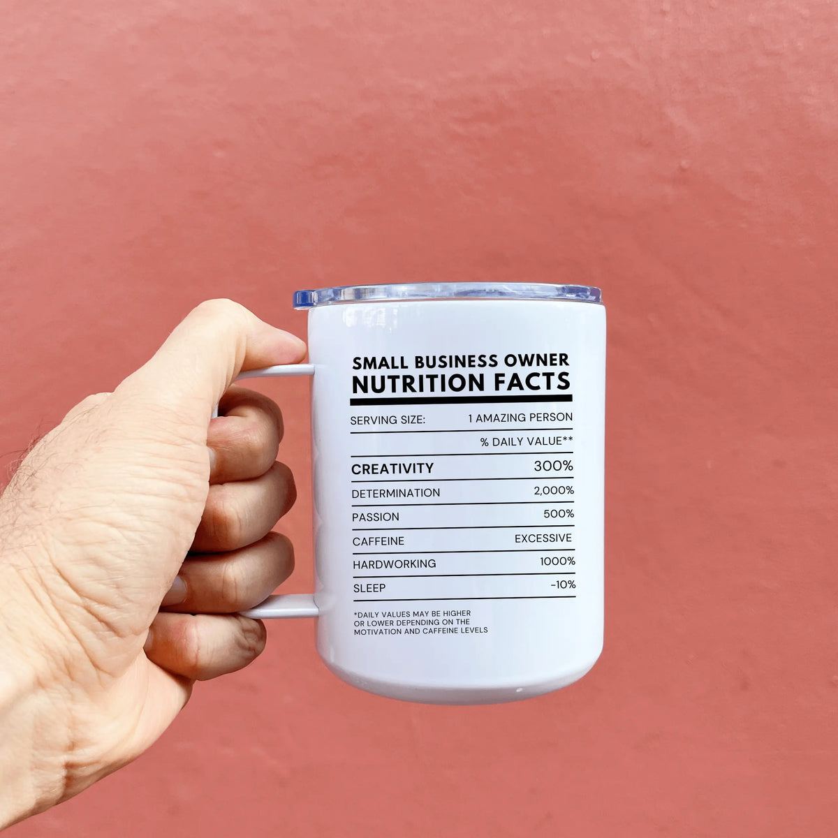 13oz Winks Design Studio LLC travel mug featuring nutritional facts and small business owner design, ideal for on-the-go use.