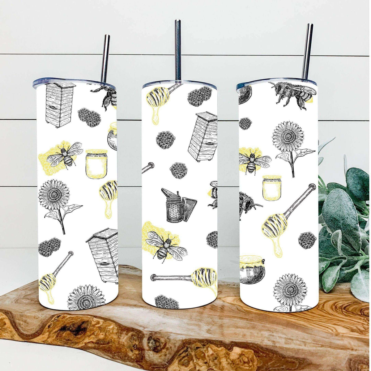 Winks Design Studio LLC Bee Keepers Tumbler with bee and floral design, stainless steel insulated drink tumbler for hot and cold beverages.