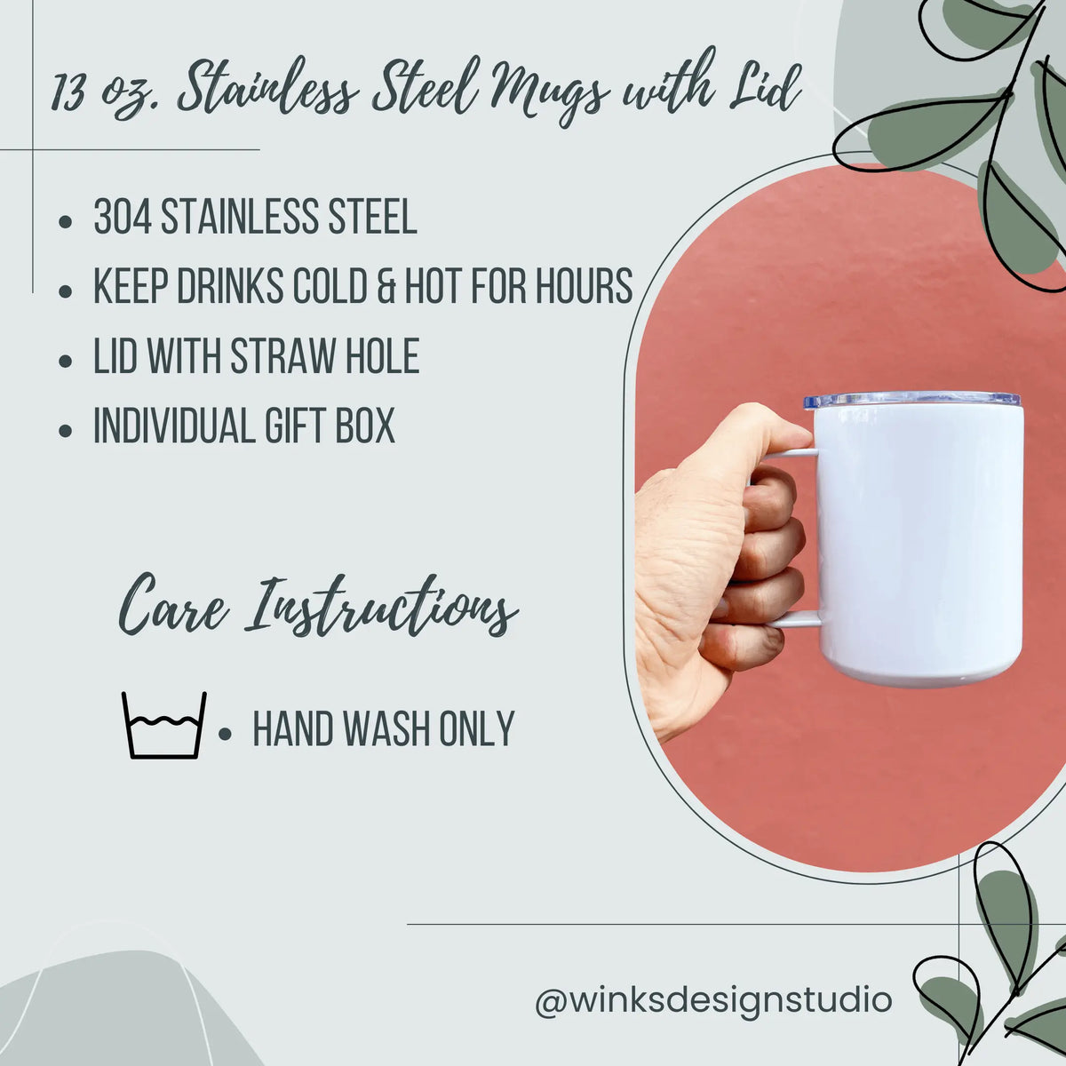 Custom 13oz metal travel tumbler by Winks Design Studio, LLC, with a sleek design and durable stainless steel construction.