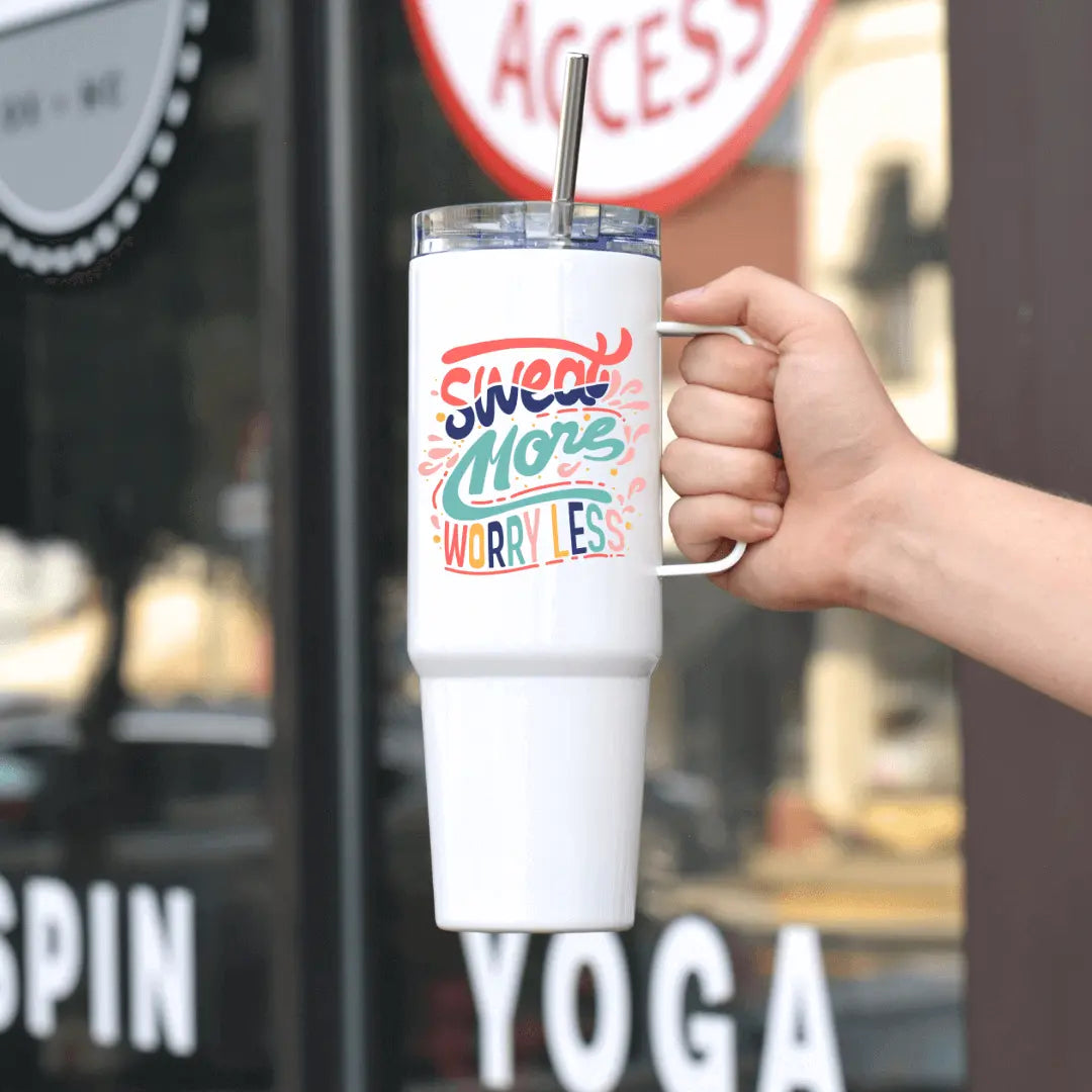 Winks Design Studio LLC Sweat More Worry Less 40oz tumbler with black lid and logo design, durable travel drinkware for on-the-go hydration.