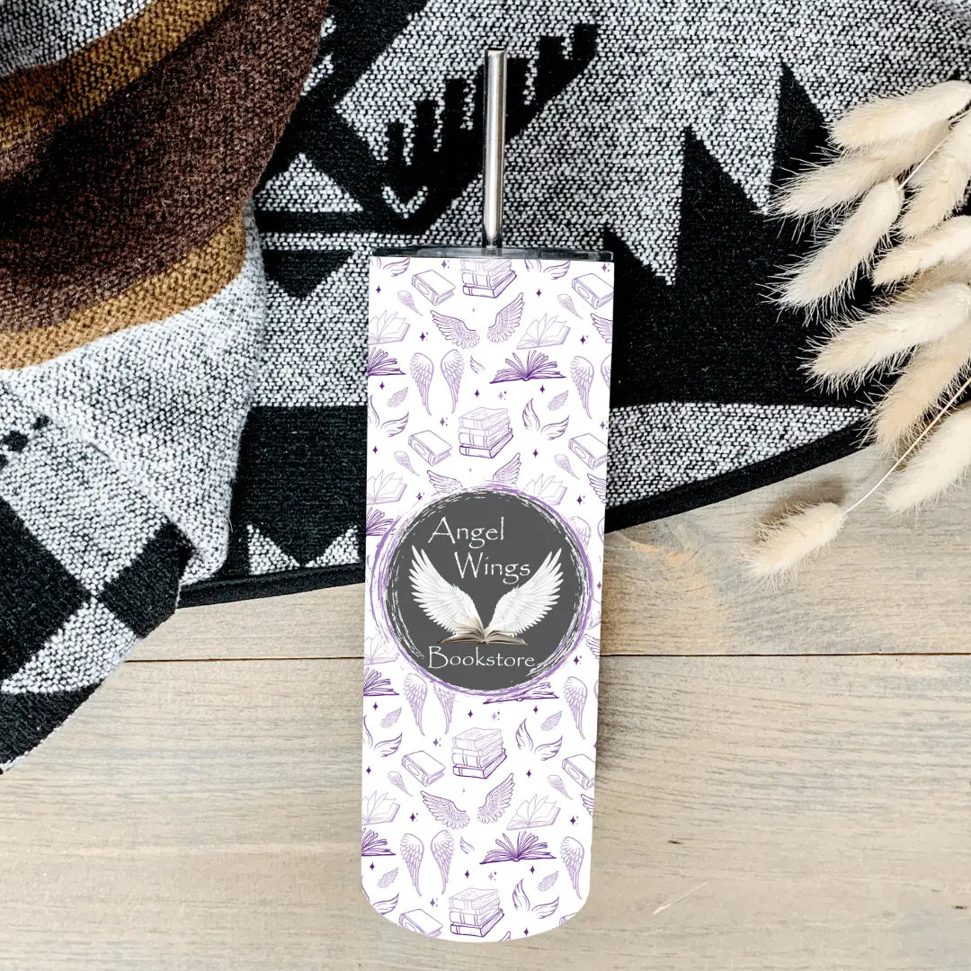 Angel Wings Bookstore 20oz tumbler by Winks Design Studio, LLC, featuring a stylish design with angel wings and bookstore theme.